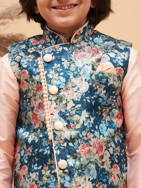 Peach Floral Jacquard Jacket With Silk Kurta And Pyjama Set