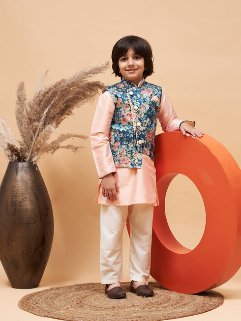Peach Floral Jacquard Jacket With Silk Kurta And Pyjama Set