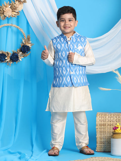Boy's' Aqua Nehru Jacket With Cream Kurta Pyjama Set