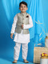 Boy's Beige Woven Jacket With White Kurta And Pyjama Set