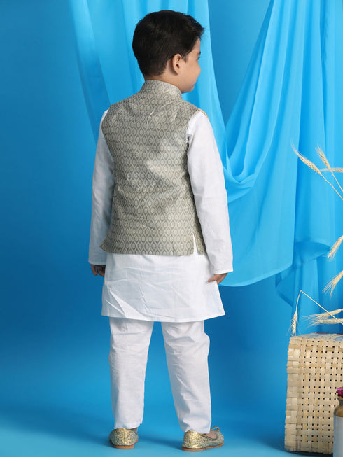 Boy's Beige Woven Jacket With White Kurta And Pyjama Set