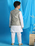 Boy's Beige Woven Jacket With White Kurta And Pyjama Set
