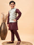 Boy's Beige Nehru Jacket With Wine Kurta And Pyjama Set