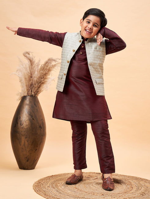 Boy's Beige Nehru Jacket With Wine Kurta And Pyjama Set