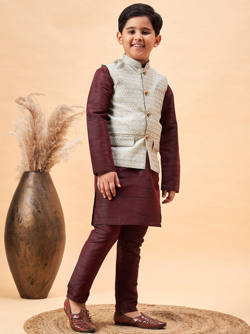 Boy's Beige Nehru Jacket With Wine Kurta And Pyjama Set