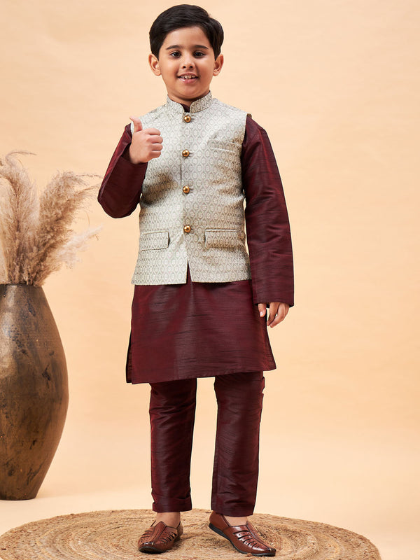Boy's Beige Nehru Jacket With Wine Kurta And Pyjama Set