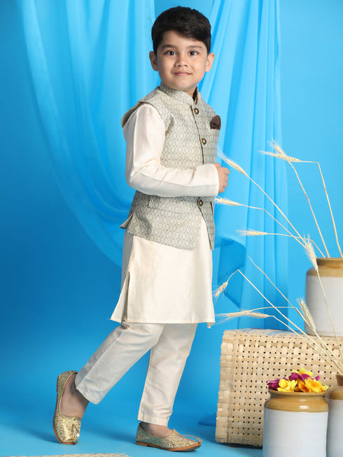 Boy's Beige Woven Jacket With Cream Kurta And Pyjama Set