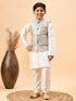 Boy's Beige Woven Jacket With Cream Kurta And Pyjama Set