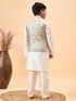Boy's Beige Woven Jacket With Cream Kurta And Pyjama Set