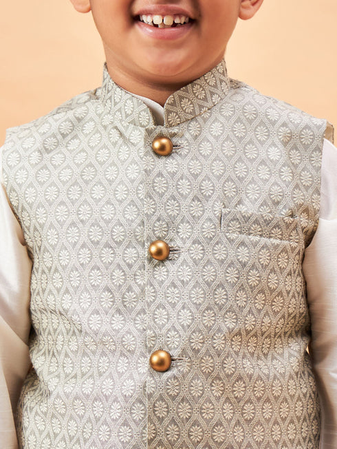 Boy's Beige Woven Jacket With Cream Kurta And Pyjama Set