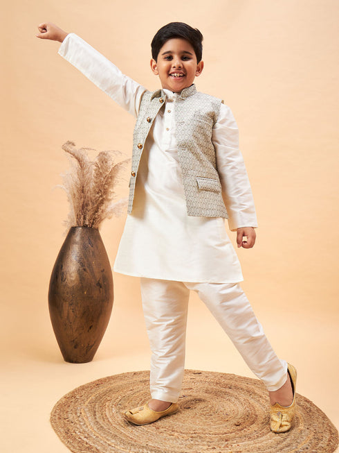Boy's Beige Woven Jacket With Cream Kurta And Pyjama Set