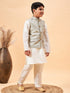 Boy's Beige Woven Jacket With Cream Kurta And Pyjama Set