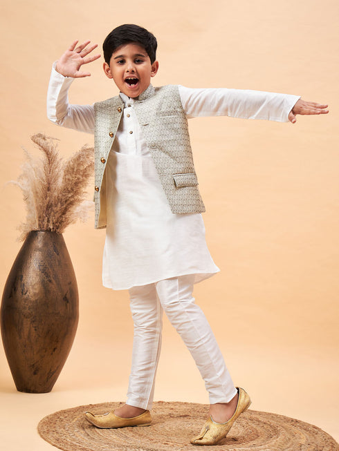 Boy's Beige Woven Jacket With White Kurta And Pyjama Set