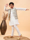 Boy's Beige Woven Jacket With White Kurta And Pyjama Set