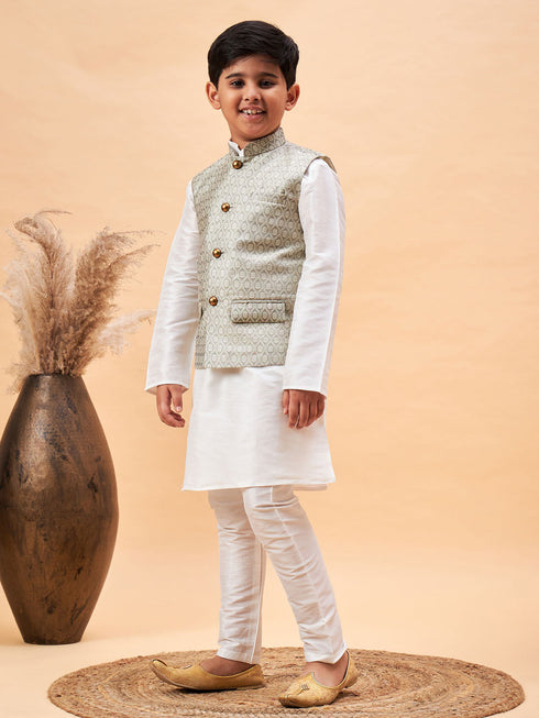 Boy's Beige Woven Jacket With White Kurta And Pyjama Set