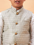 Boy's Beige Woven Jacket With White Kurta And Pyjama Set