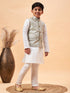 Boy's Beige Woven Jacket With White Kurta And Pyjama Set