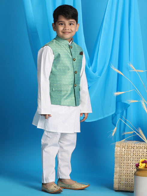 Boy's Light Green Woven Jacket With White Kurta And Pyjama Set