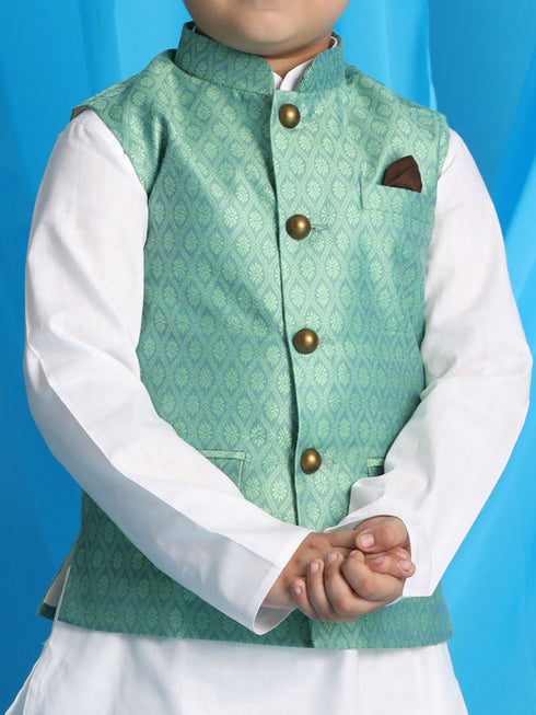 Boy's Light Green Woven Jacket With White Kurta And Pyjama Set