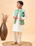 Boy's Green Woven Jacket With Cream Kurta And Pyjama Set