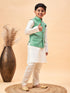 Boy's Green Woven Jacket With Cream Kurta And Pyjama Set