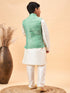 Boy's Green Woven Jacket With Cream Kurta And Pyjama Set