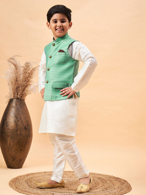 Boy's Green Woven Jacket With Cream Kurta And Pyjama Set