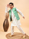 Boy's Green Woven Jacket With Cream Kurta And Pyjama Set