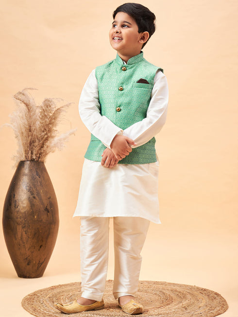 Boy's Green Woven Jacket With Cream Kurta And Pyjama Set
