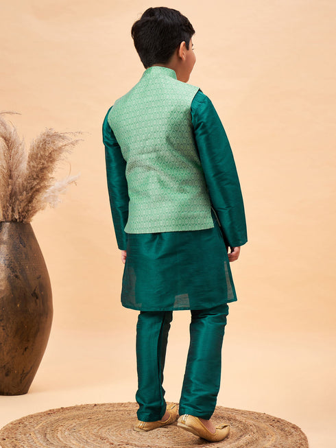 Boy's Green Woven Nehru Jacket With Green Kurta Pyjama Set