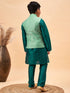 Boy's Green Woven Nehru Jacket With Green Kurta Pyjama Set
