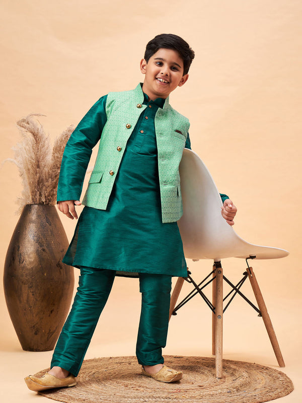 Boy's Green Woven Nehru Jacket With Green Kurta Pyjama Set