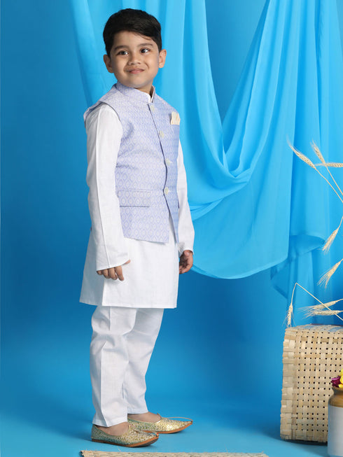 Boy's Lavender Woven Jacket With White Kurta And Pyjama Set