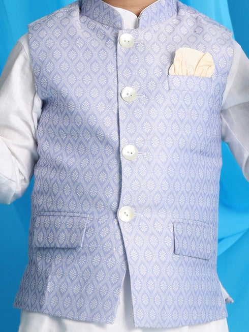 Boy's Lavender Woven Jacket With White Kurta And Pyjama Set