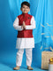Boy's Maroon Woven Jacket With White Kurta And Pyjama Set