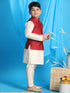 Boy's Maroon Woven Jacket With Cream Kurta And Pyjama Set