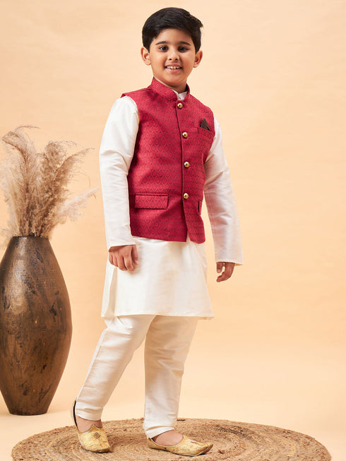 Boy's Maroon Nehru Jacket With Cream Kurta And Pyjama Set