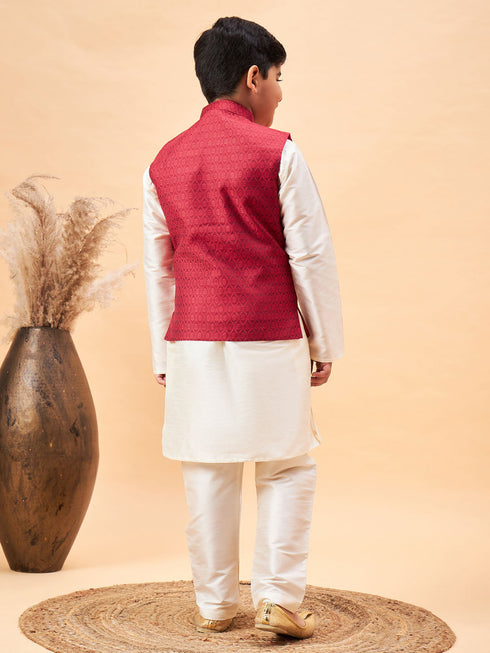 Boy's Maroon Nehru Jacket With Cream Kurta And Pyjama Set