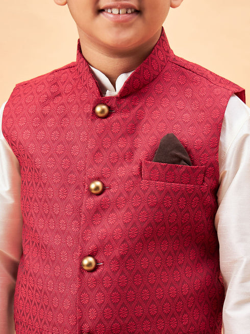 Boy's Maroon Nehru Jacket With Cream Kurta And Pyjama Set