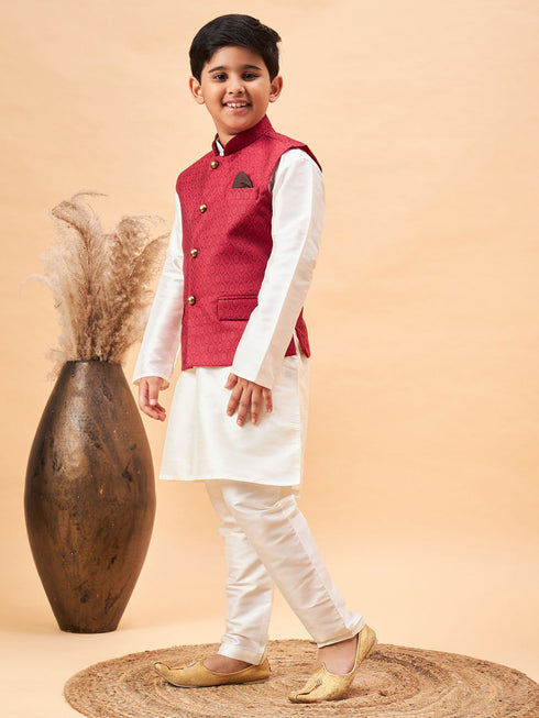 Boy's Maroon Nehru Jacket With Cream Kurta And Pyjama Set