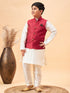 Boy's Maroon Nehru Jacket With Cream Kurta And Pyjama Set
