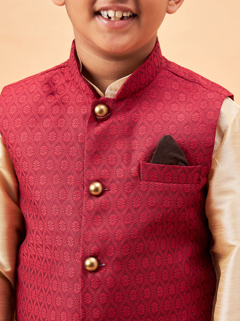 Boy's Maroon Woven Jacket With Gold Kurta And Pyjama Set