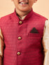 Boy's Maroon Woven Jacket With Gold Kurta And Pyjama Set