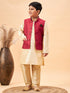 Boy's Maroon Woven Jacket With Gold Kurta And Pyjama Set