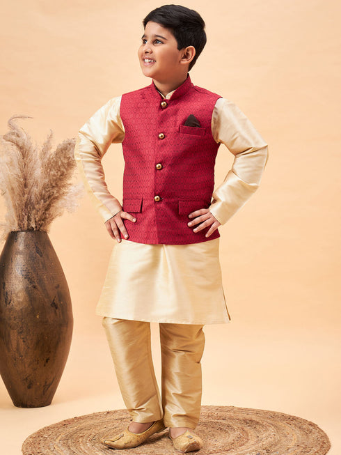 Boy's Maroon Woven Jacket With Gold Kurta And Pyjama Set