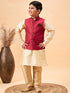 Boy's Maroon Woven Jacket With Gold Kurta And Pyjama Set