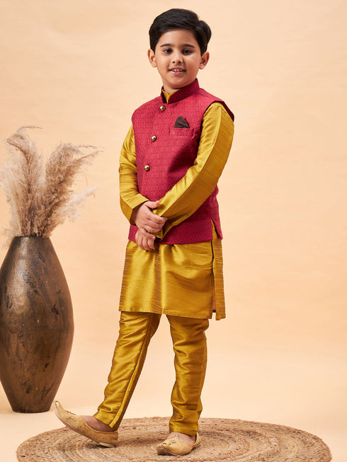 Boy's Maroon Woven Jacket With Mustard Kurta And Pyjama Set