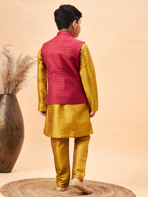 Boy's Maroon Woven Jacket With Mustard Kurta And Pyjama Set