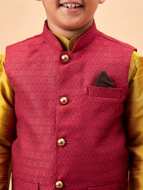 Boy's Maroon Woven Jacket With Mustard Kurta And Pyjama Set