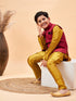 Boy's Maroon Woven Jacket With Mustard Kurta And Pyjama Set